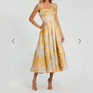 Mac Duggal Strapless Floral Midi Dress in Yellow, Cream and Pale Green
